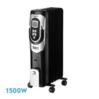 Radiador Aceite Confort 1500w 7elementos Negro/plata 3potencias Termost.reg. Temporizador, Ruedas Luz Ind. 62x34x24cm