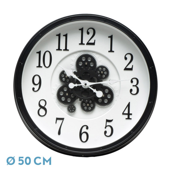 Reloj De Pared Berrocal Negro/blanco 50x50x6cm Engranajes Con Movimiento