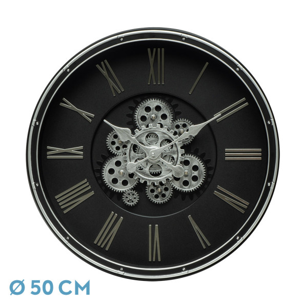 Reloj De Pared Cacin Negro/plata 50x50x6cm Engranajes Con Movimiento