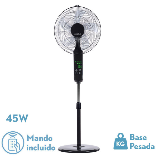 Ventilador De Pie Rodium Negro 3vel 45w Regx43x40cm Oscilante 5asp.tactil C/remoto Y Temporizador